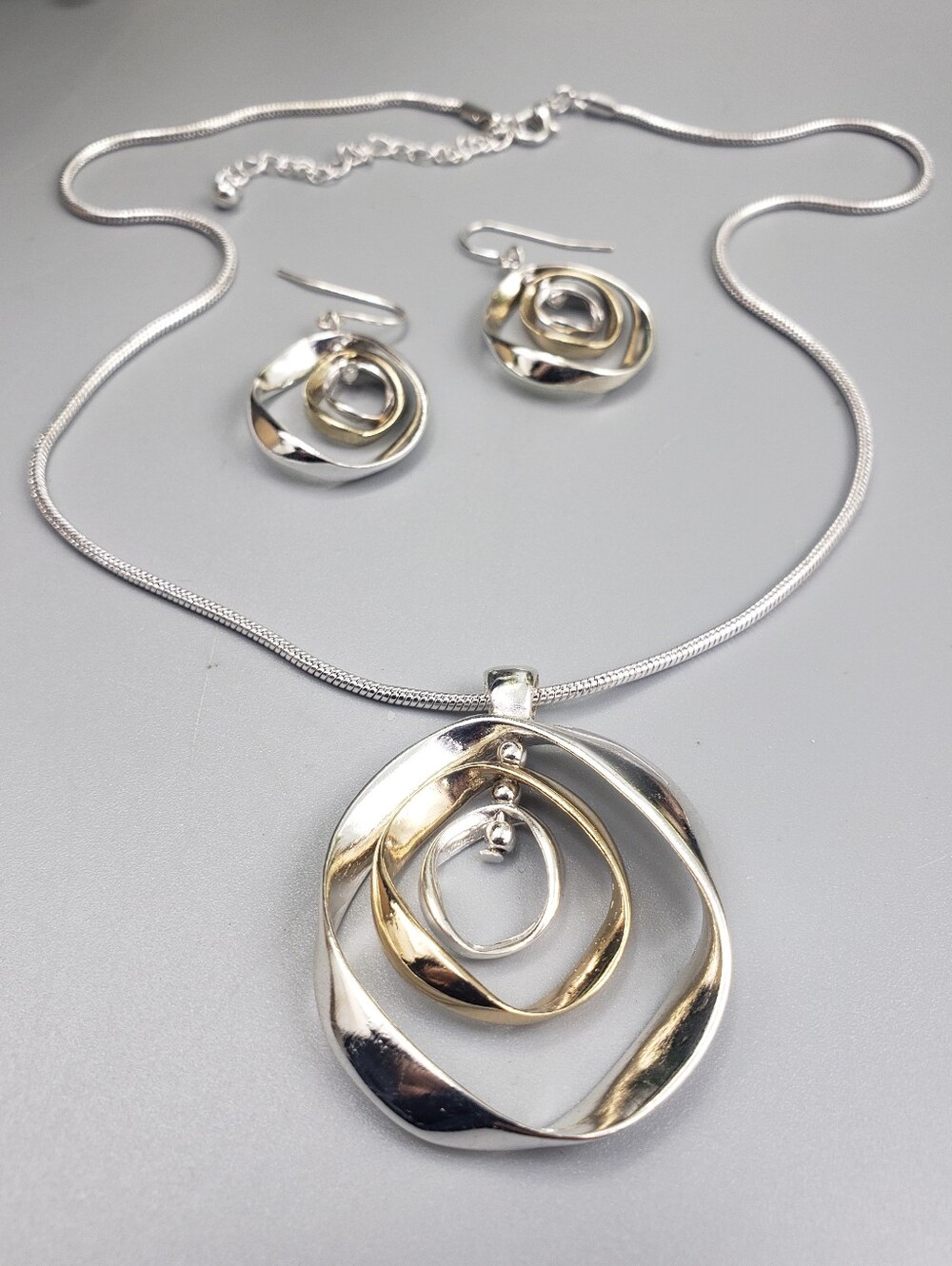2-Tone Layered Hoop Necklace & Earrings Set Industrial Organic Bohemian Hammered